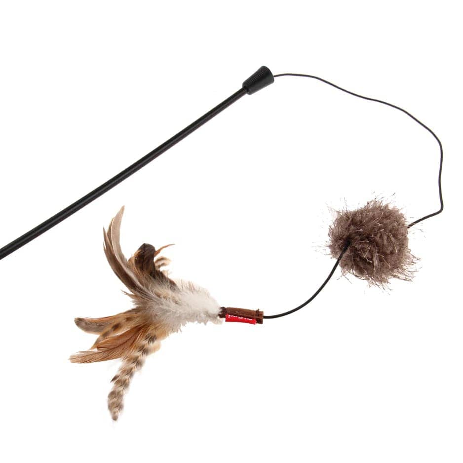GiGwi Feather Teaser Cat wand with Natural feather Plush tail & TPR Handle for Cats (Red/Natural)