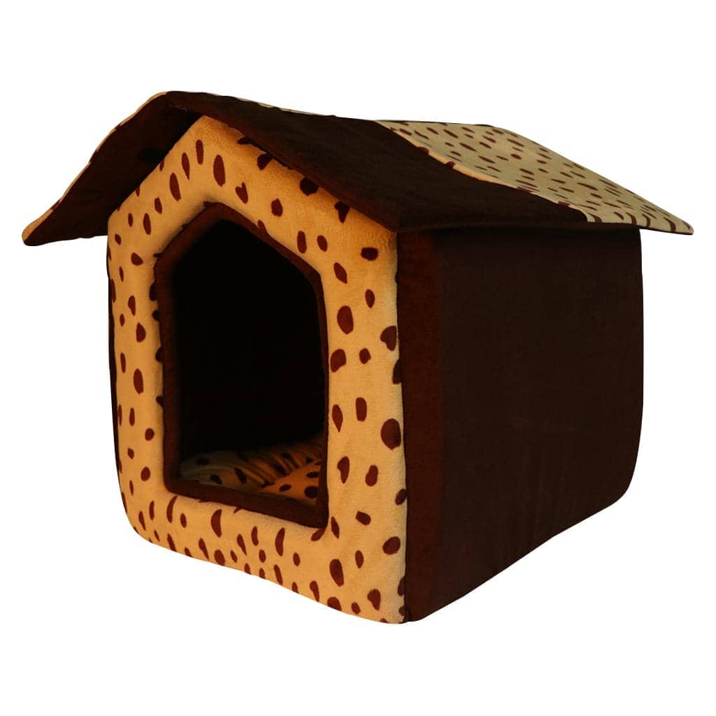 Hiputee Foldable Dotted Velvet Fabric Hut for Pets (Beige-Brown)
