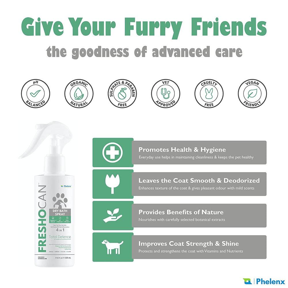 Phelenx Freshocan 4 in 1 Dry Bath Spray for Dogs
