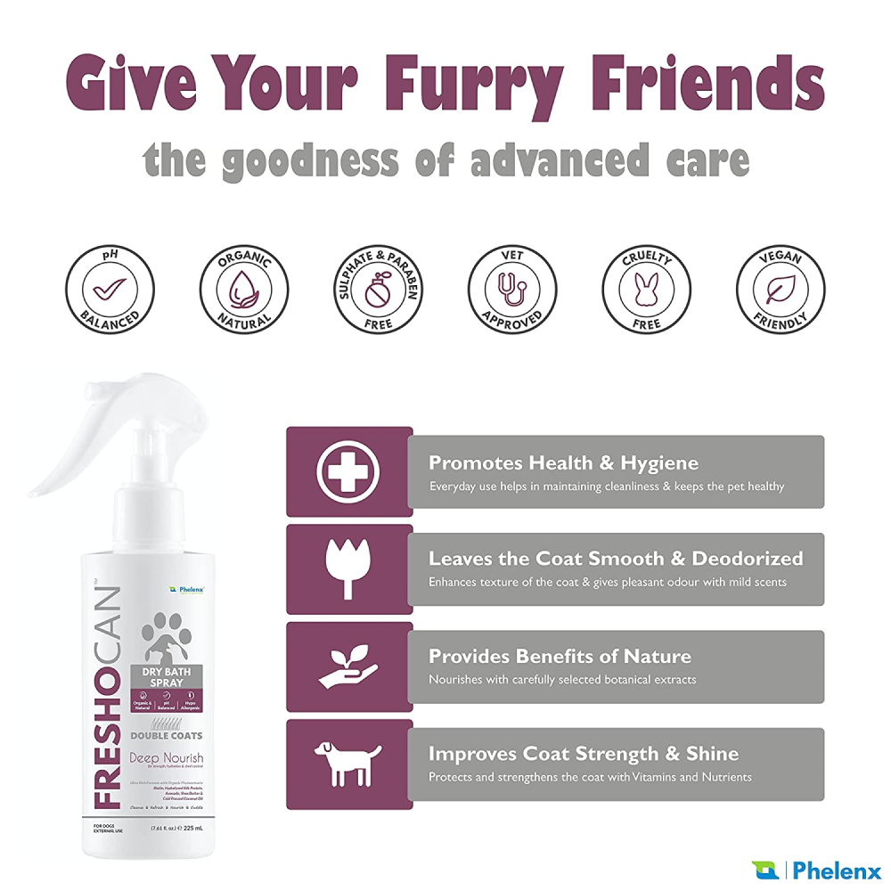Phelenx Freshocan Double Coat Dry Bath Spray for Dogs