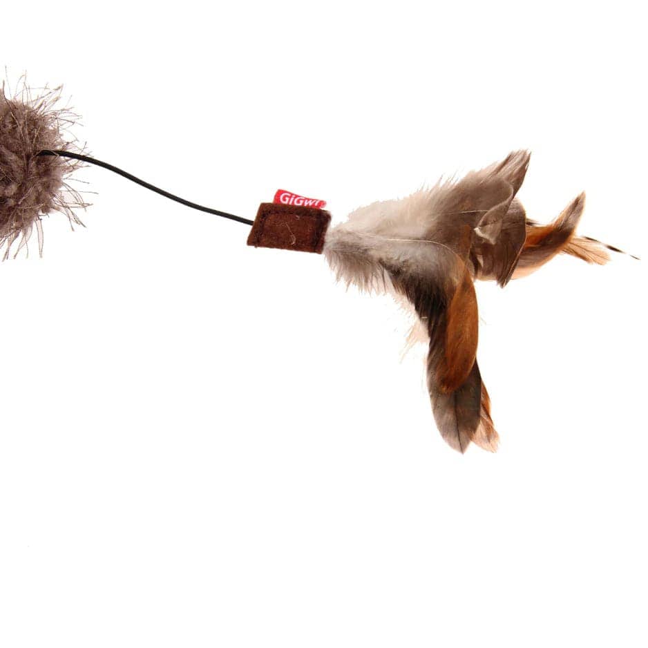 GiGwi Feather Teaser Cat wand with Natural feather Plush tail & TPR Handle for Cats (Red/Natural)