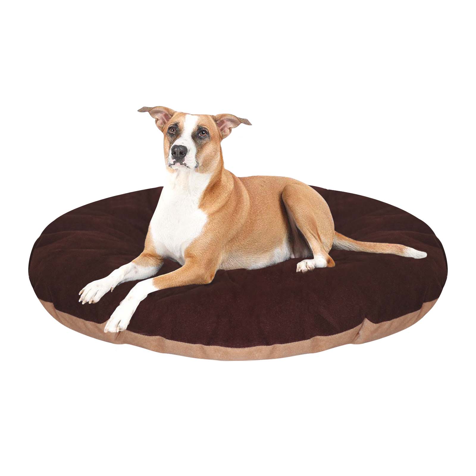 Hiputee Reversible Flat Velvet Round Shape Cushion for Pets (Brown-Cream)