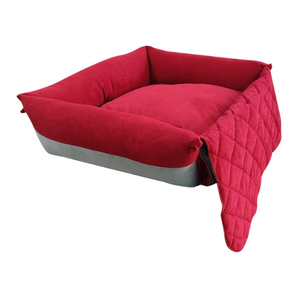Hiputee Premium Washable Soft Velvet Bed with Foldable Blanket for Pets (Red-Grey)