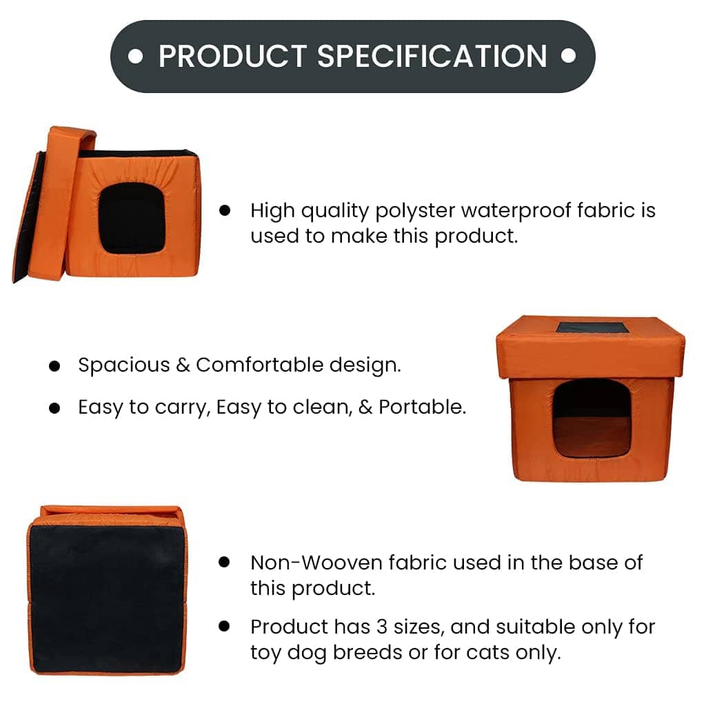 Hiputee Premium Square Box Shape Waterproof Hut Toy for Pets (Orange-Black)