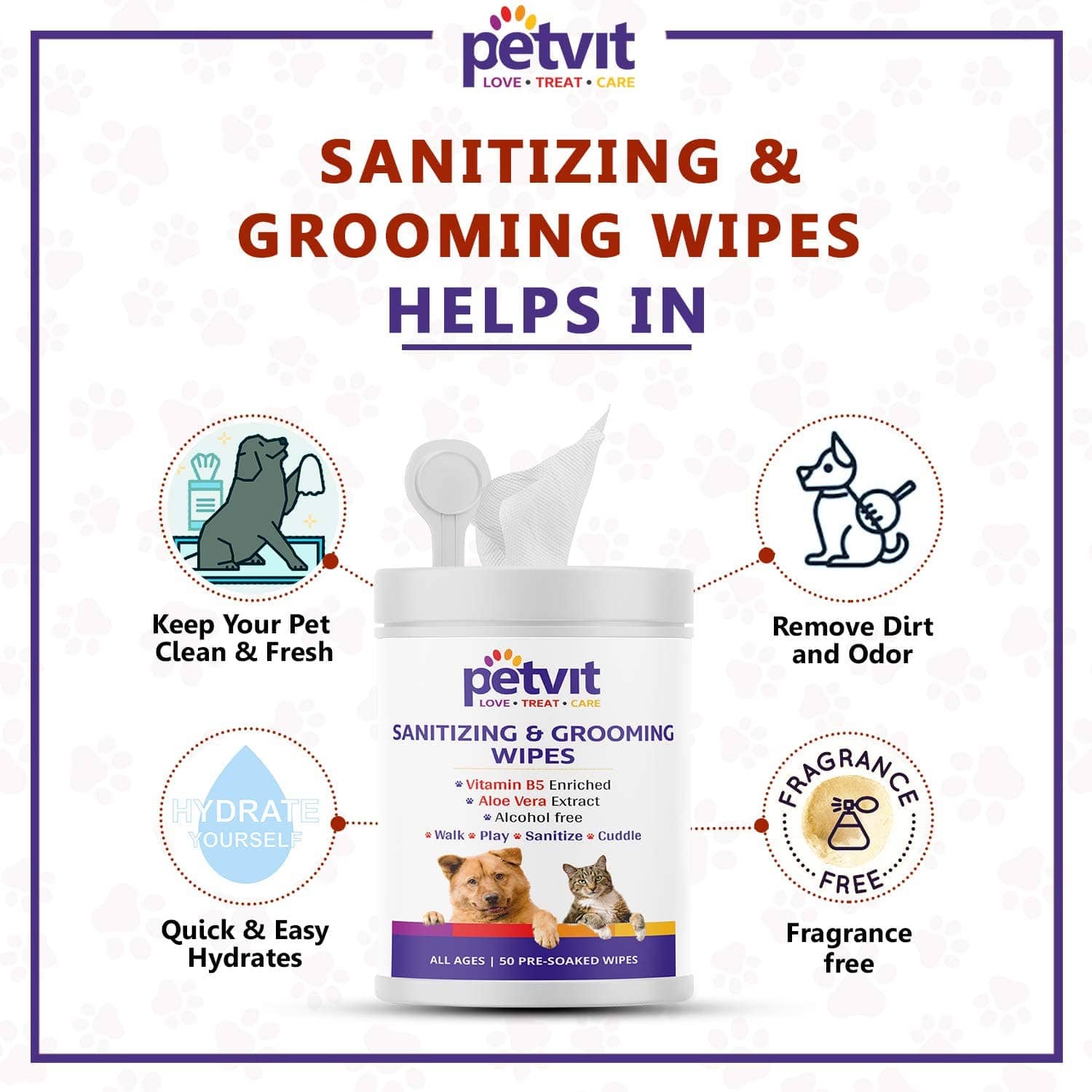 Petvit Sanitizing & Grooming Wipes for Pets (Pack of 2)