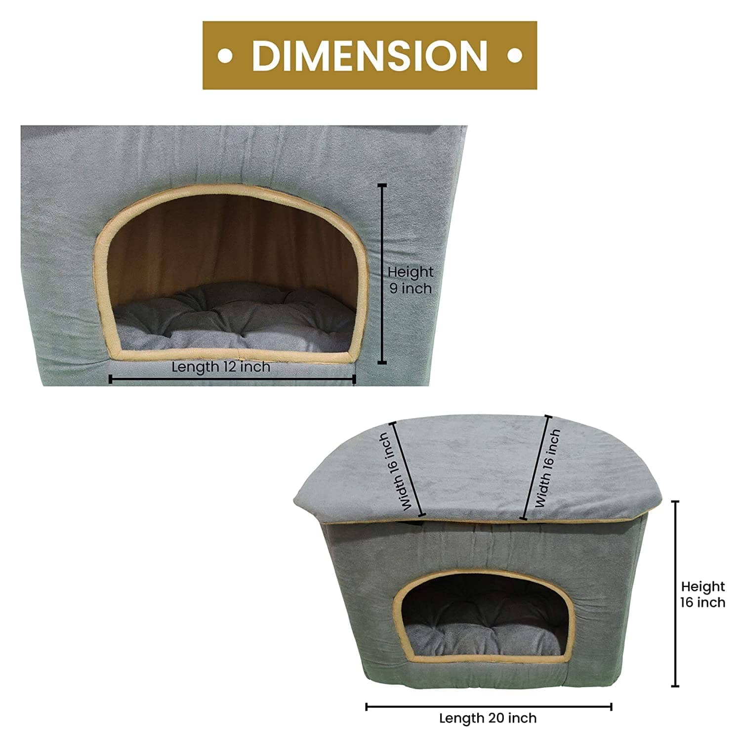 Hiputee Foldable D Shape Velvet House/Hut for Pets (Grey-Cream)