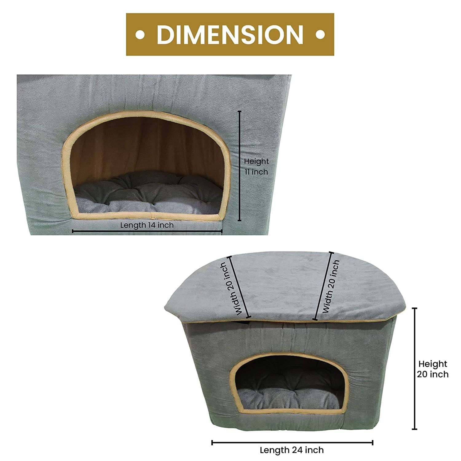 Hiputee Foldable D Shape Velvet House/Hut for Pets (Grey-Cream)