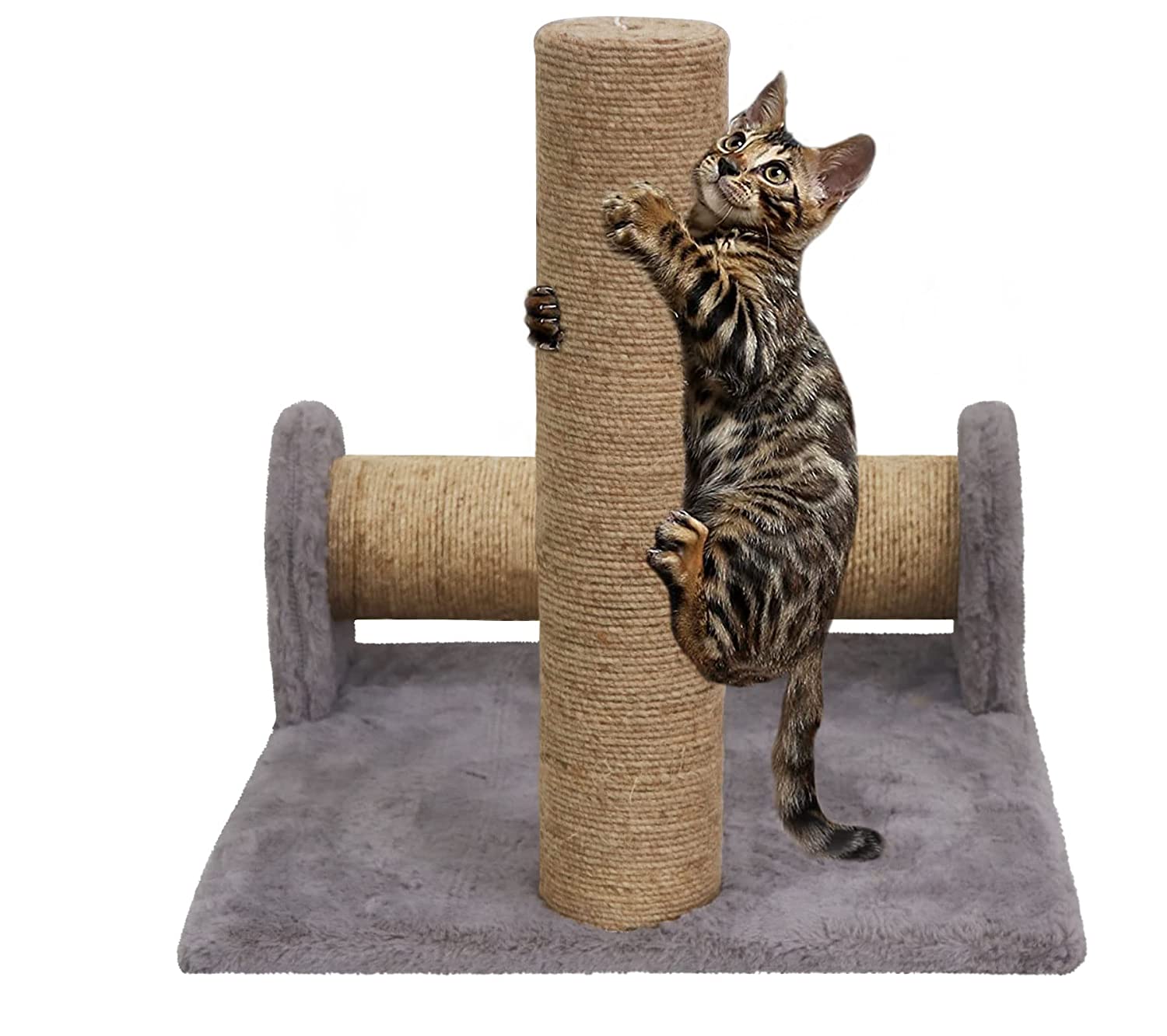 Hiputee Soft Fur Activity Cat Dual Scratching Playing Post for Cats Natural Sisal Rope (Grey)