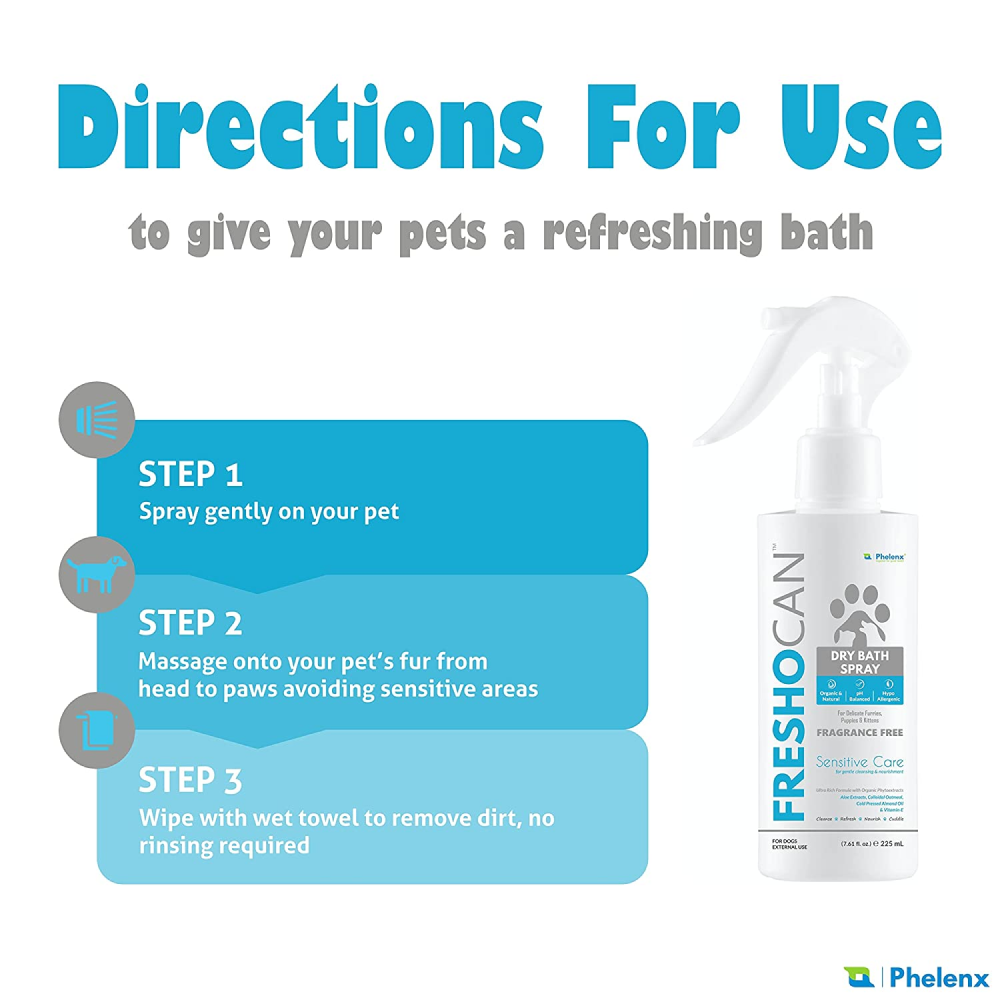 Phelenx Freshocan Sensitive Care Dry Bath Spray for Dogs