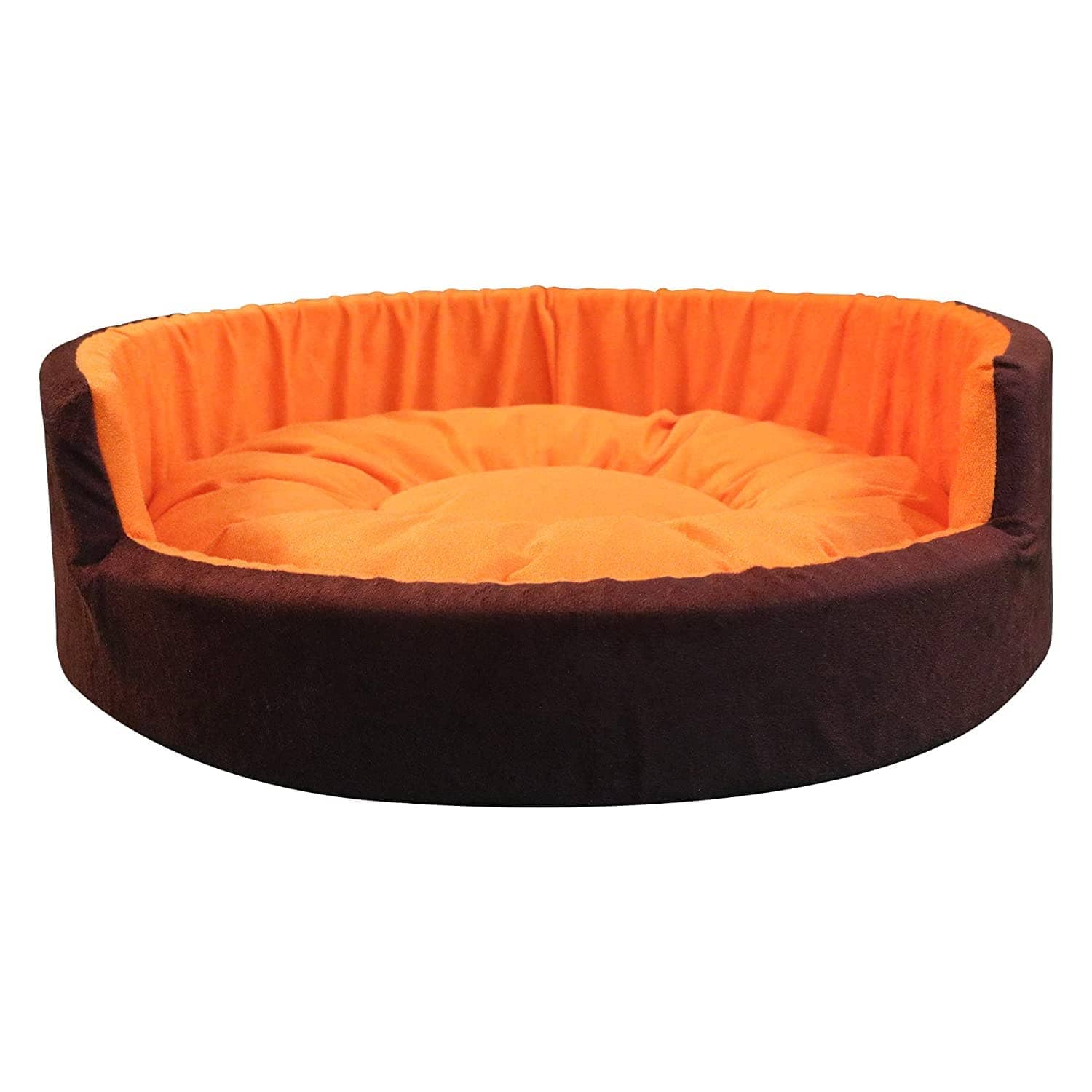 Hiputee Luxurious Round Velvet Dual Colour Bed for Pets (Orange-Brown)