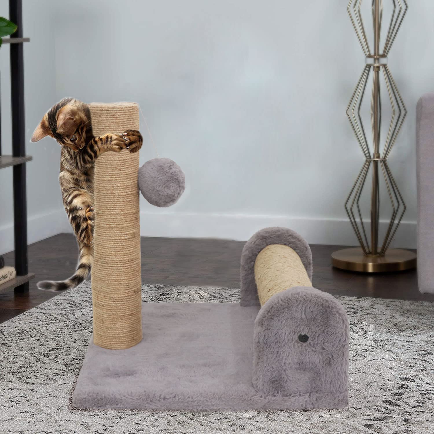 Hiputee Soft Fur Activity Cat Dual Scratching Playing Post for Cats Natural Sisal Rope (Grey)