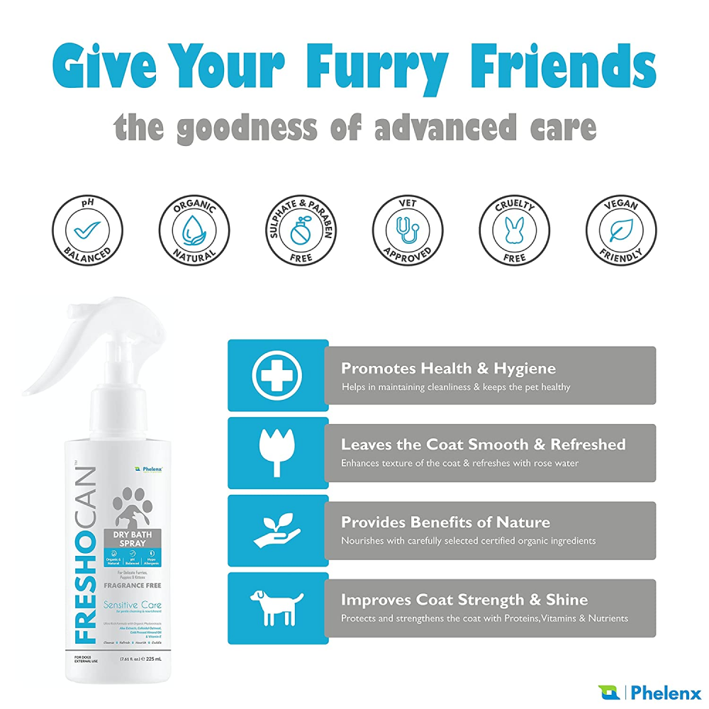 Phelenx Freshocan Sensitive Care Dry Bath Spray for Dogs
