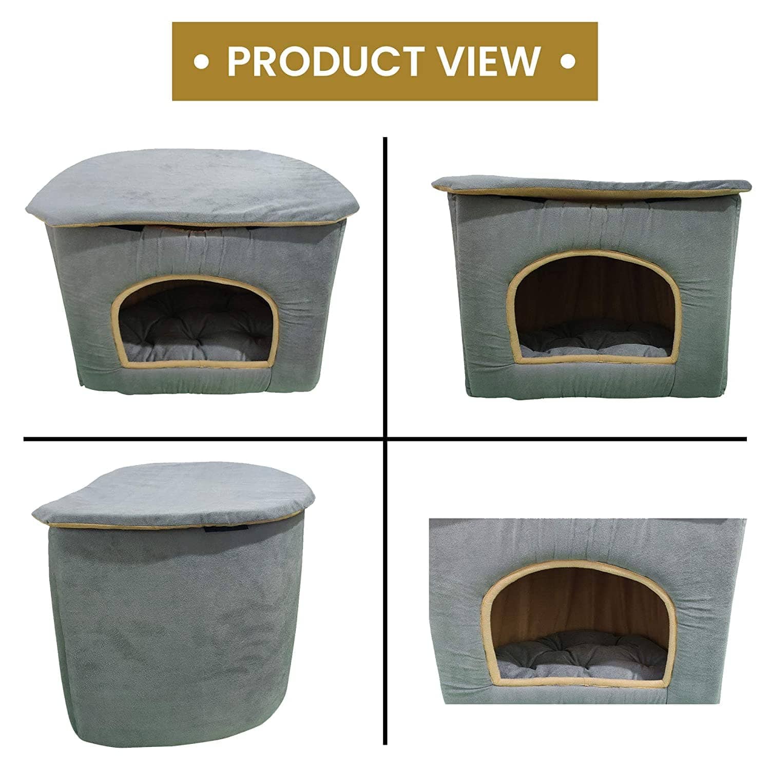 Hiputee Foldable D Shape Velvet House/Hut for Pets (Grey-Cream)