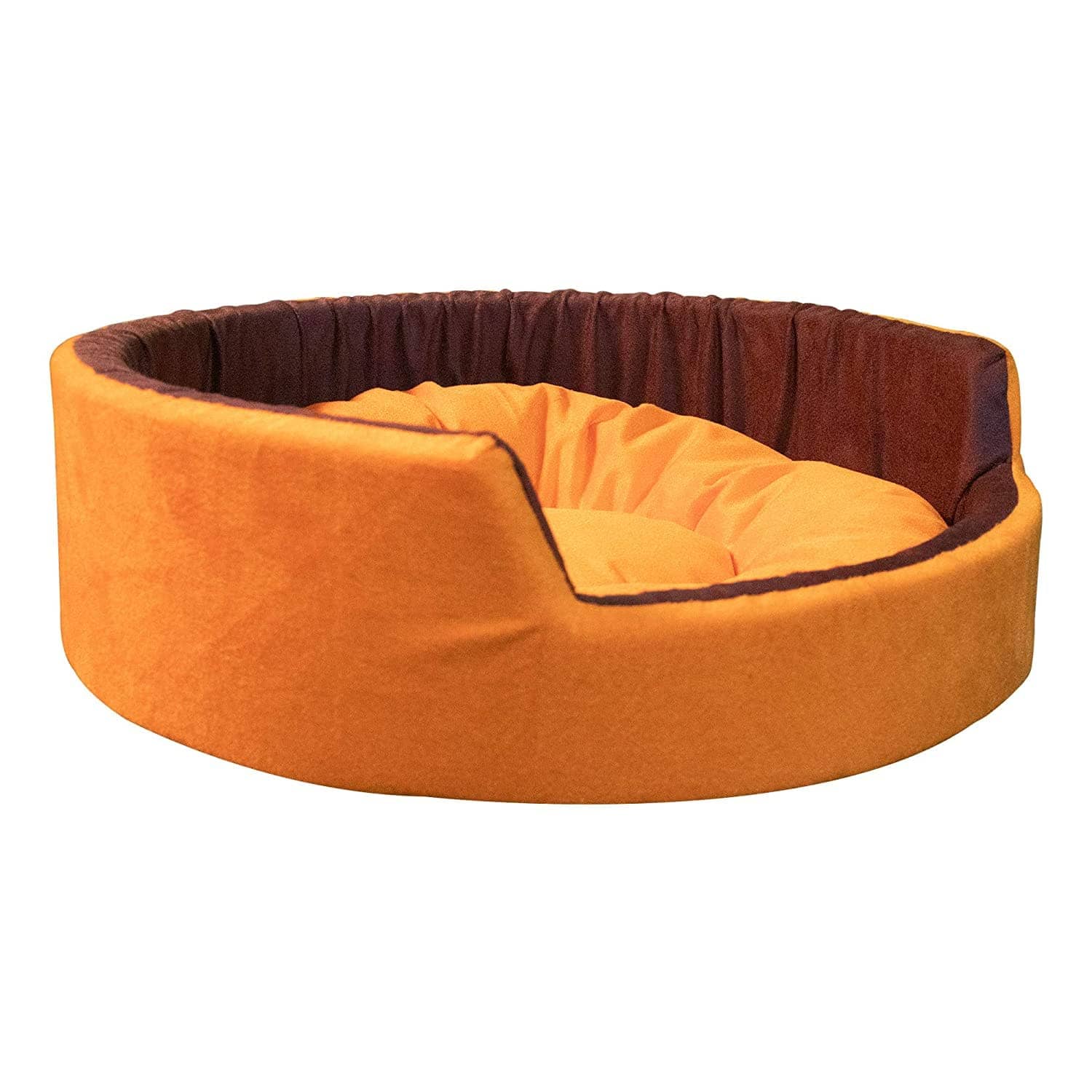 Hiputee Luxurious Round Velvet Dual Colour Bed for Pets (Orange-Brown)