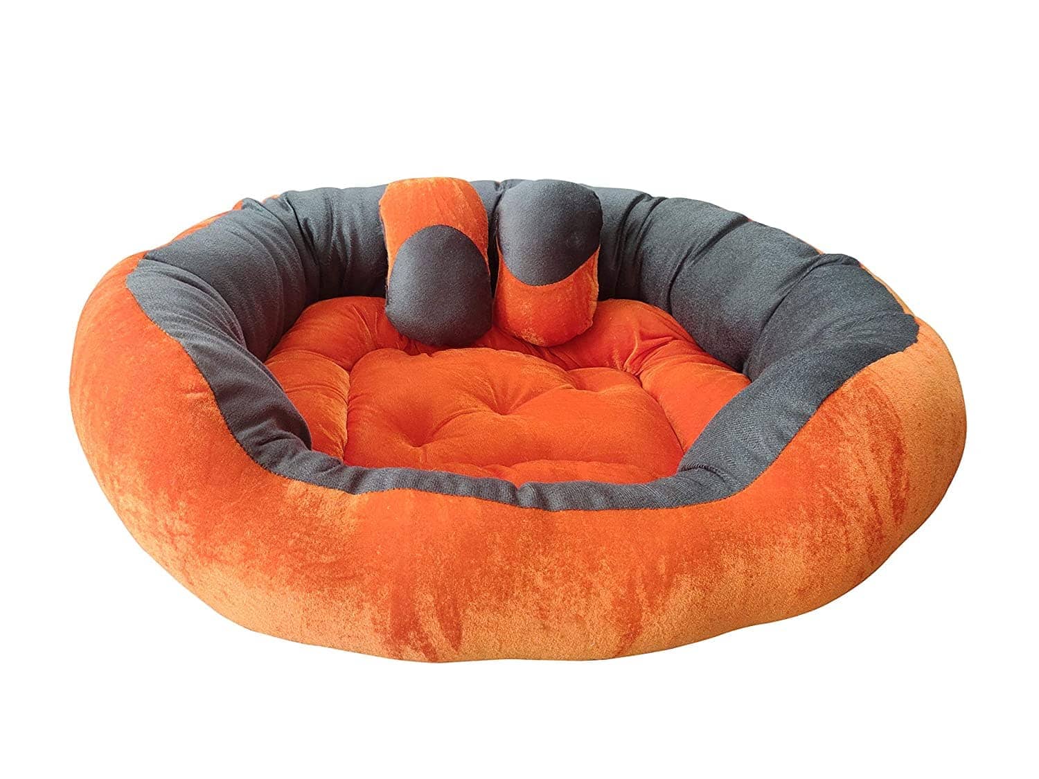 Hiputee Ultra Soft Reversible Fleece/Velvet Bed with 2 Extra Pillows for Pets (Orange Grey)