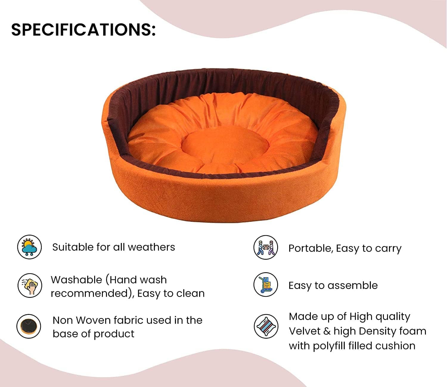 Hiputee Luxurious Round Velvet Dual Colour Bed for Pets (Orange-Brown)