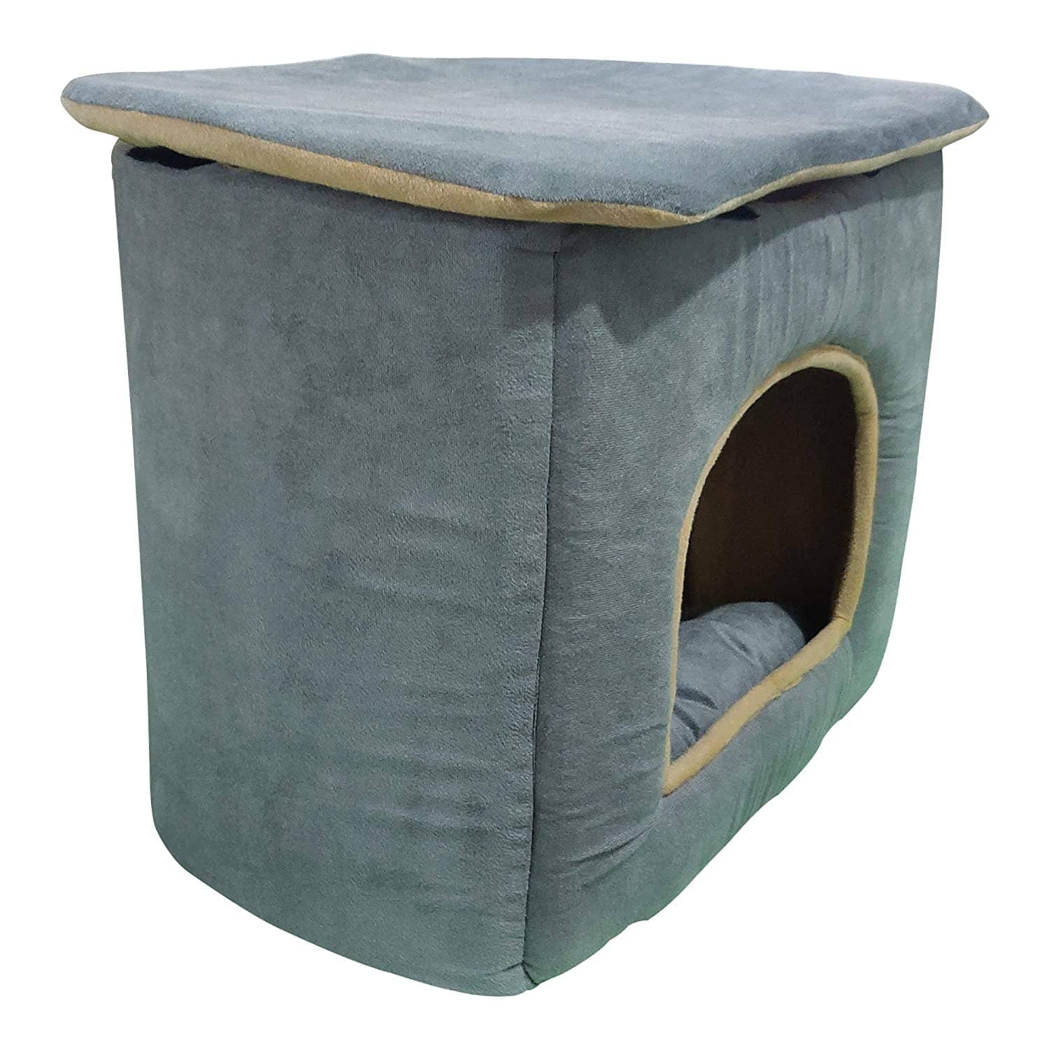 Hiputee Foldable D Shape Velvet House/Hut for Pets (Grey-Cream)
