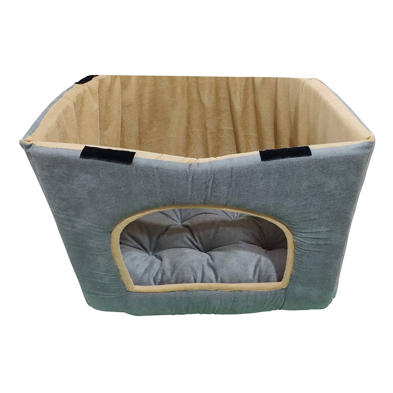Hiputee Foldable D Shape Velvet House/Hut for Pets (Grey-Cream)