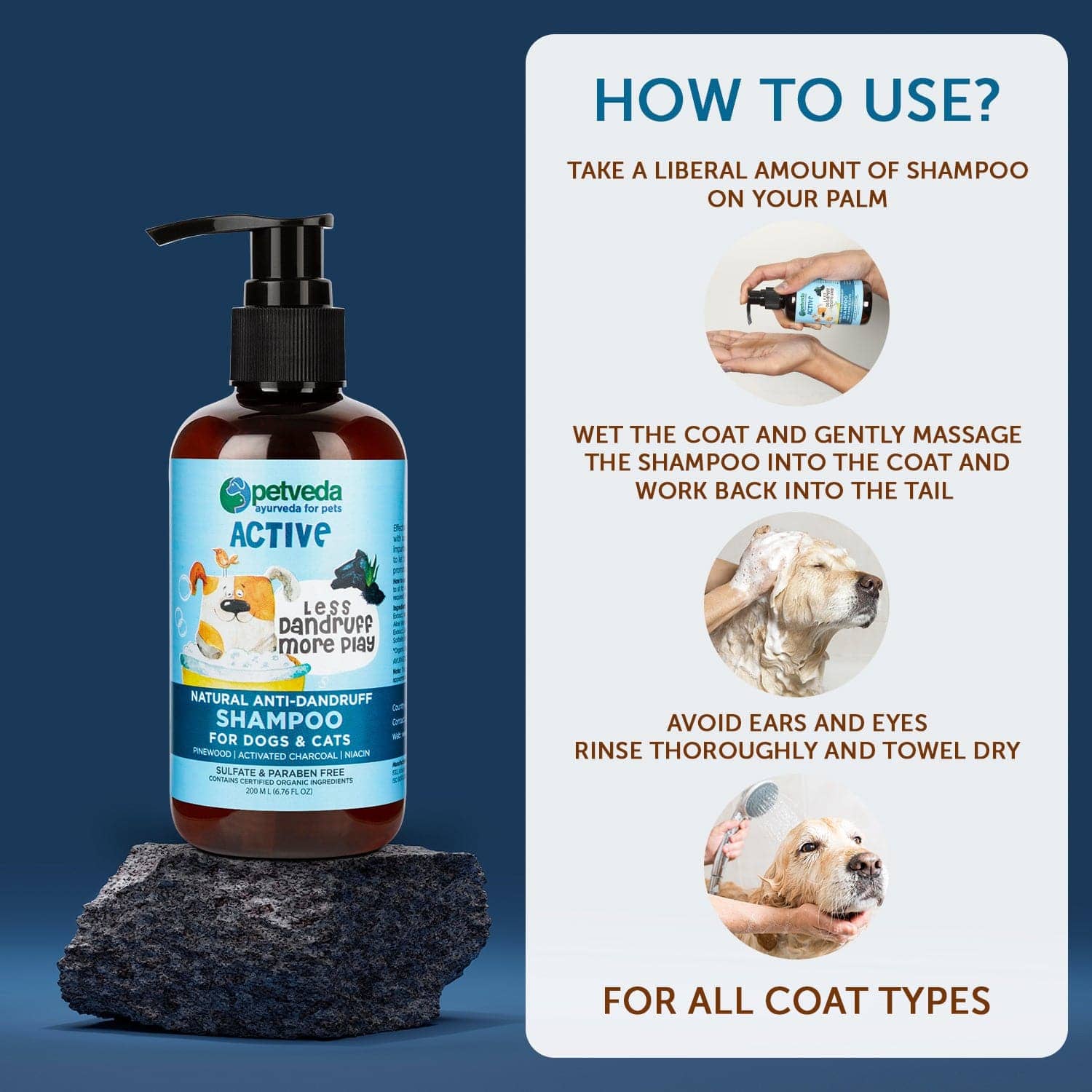 Petveda Active Natural Anti Dandruff & Itch Relief with Activated Charcoal Shampoo for Pets (Buy 1 Get 1 Free)
