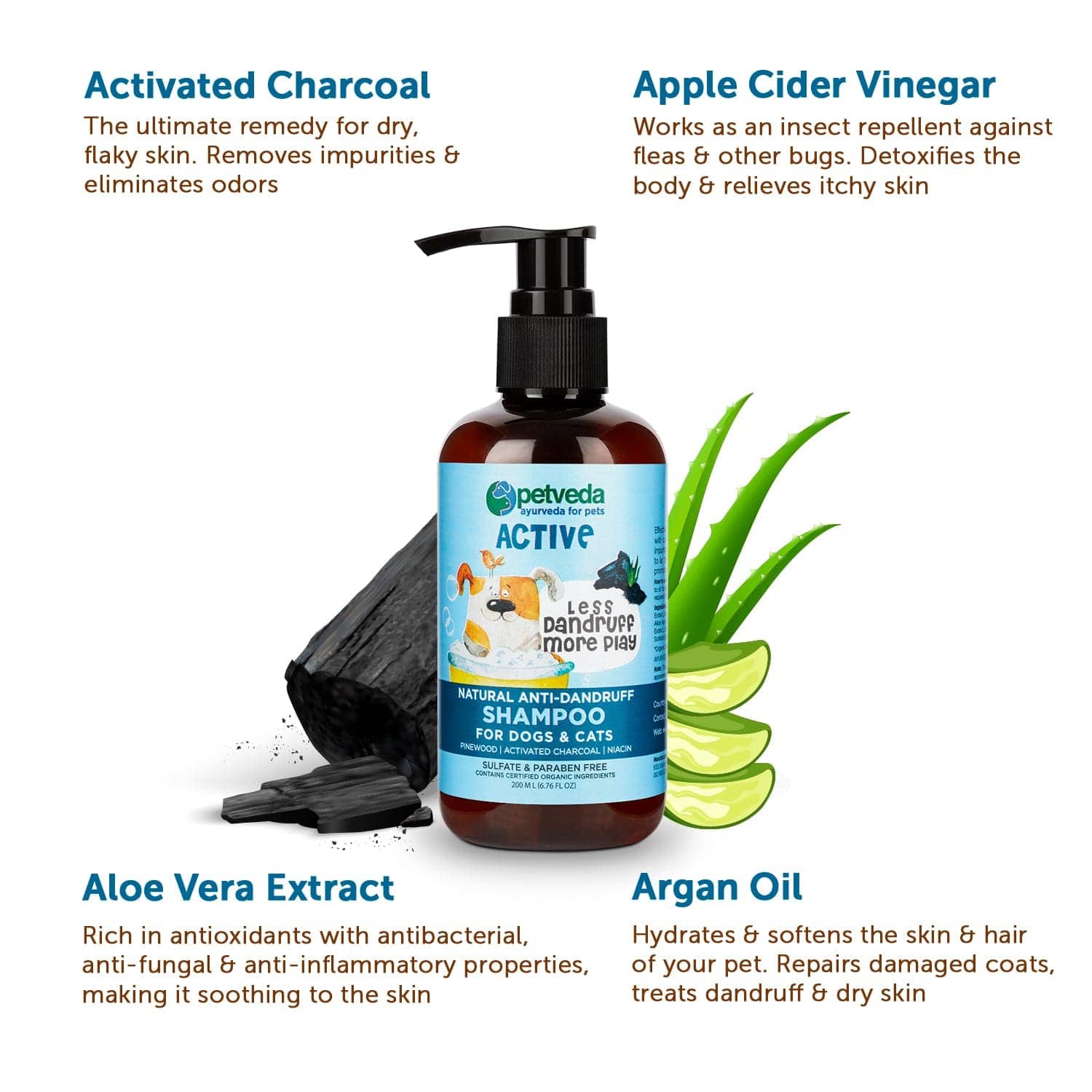 Petveda Active Natural Anti Dandruff & Itch Relief with Activated Charcoal Shampoo for Pets
