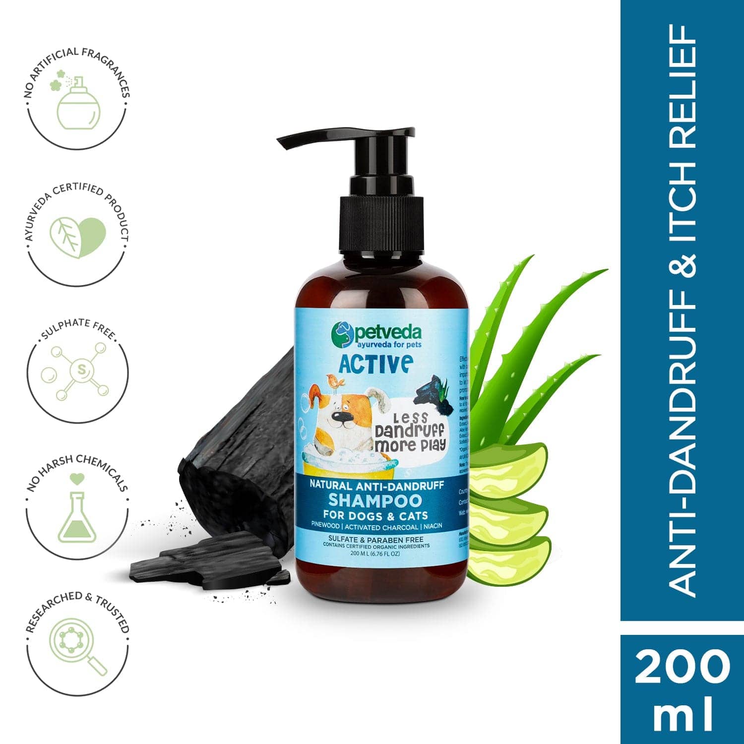 Petveda Active Natural Anti Dandruff & Itch Relief with Activated Charcoal Shampoo for Pets