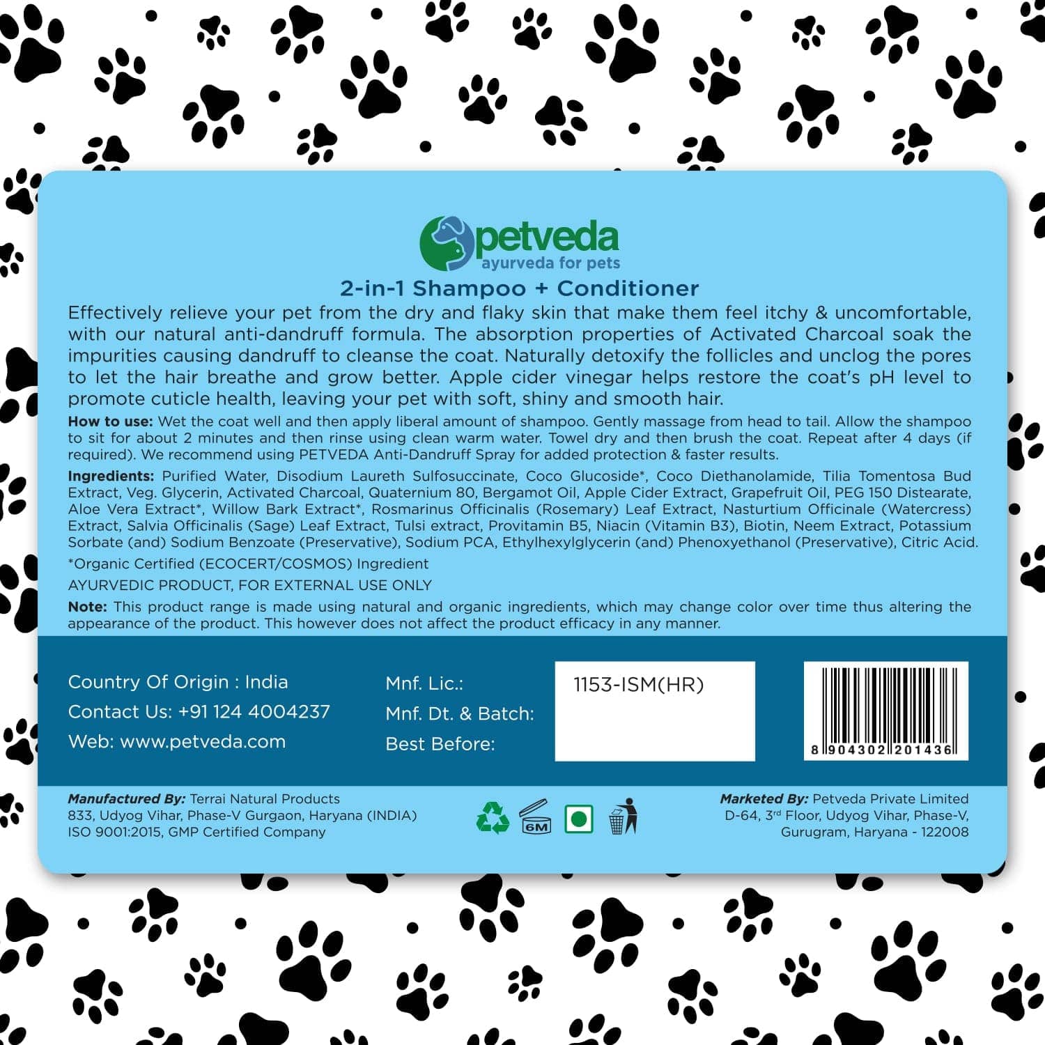 Petveda Active Natural Anti Dandruff & Itch Relief with Activated Charcoal Shampoo for Pets (Buy 1 Get 1 Free)