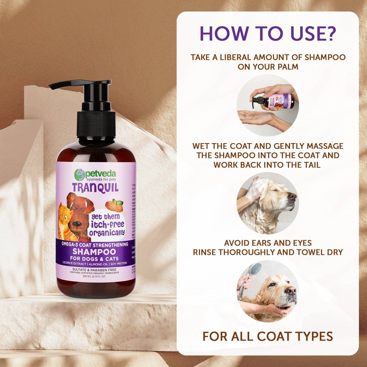 Petveda Tranquil Omega 3 Coat Strengthening Shampoo for Pets