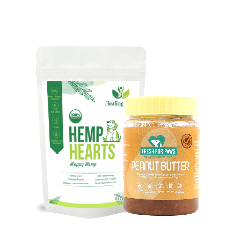 Healing Leaf Hemp Hearts for Pets - 100g + Fresh For Paws Peanut Butter - 100g Wet Dog Food Treats