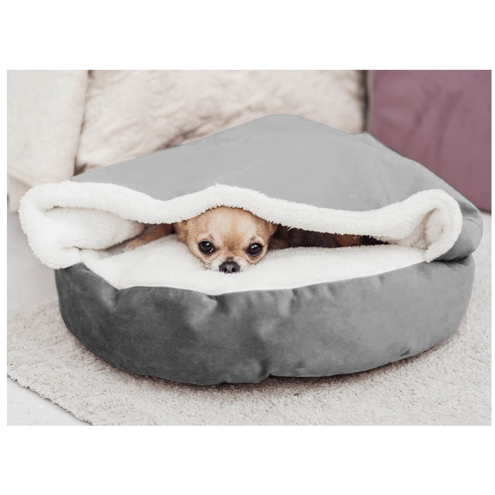 Hiputee Luxurious Velvet Sherpa Fabric Round Cave Bed for Pets (Grey-White)