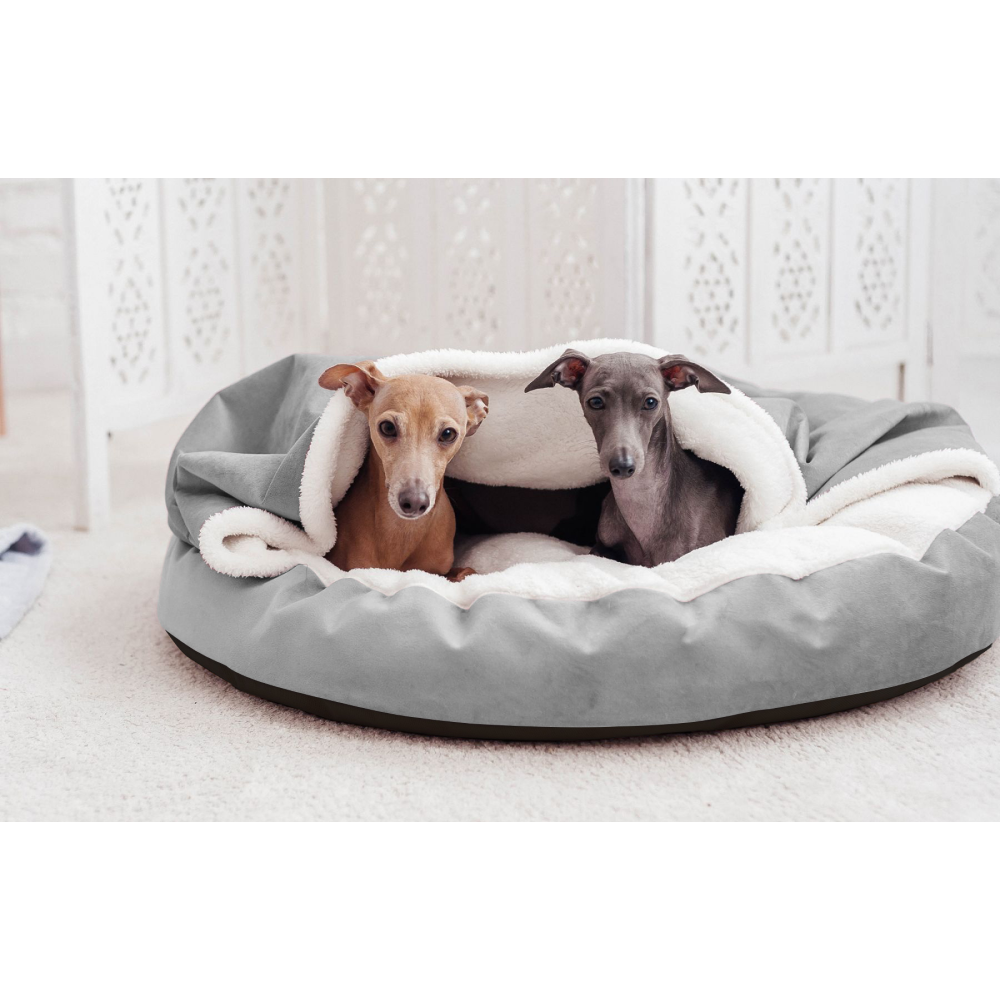 Hiputee Luxurious Velvet Sherpa Fabric Round Cave Bed for Pets (Grey-White)