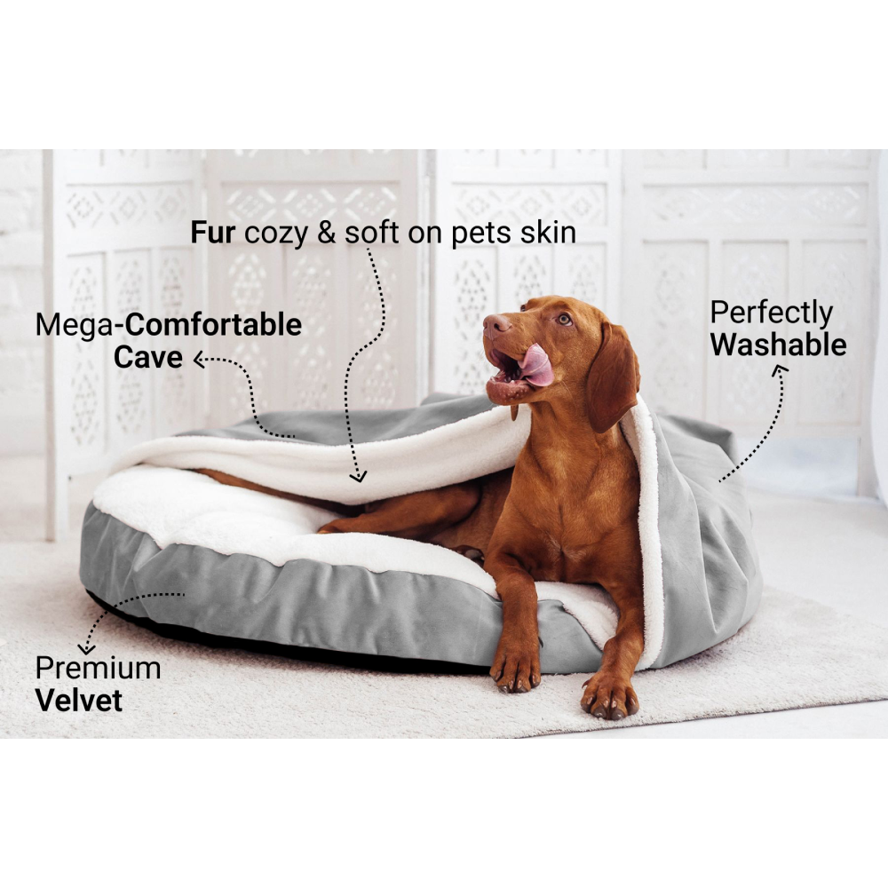 Hiputee Luxurious Velvet Sherpa Fabric Round Cave Bed for Pets (Grey-White)