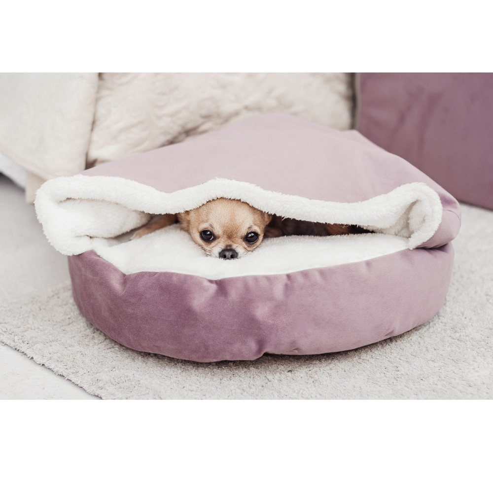 Hiputee Luxurious Velvet Sherpa Fabric Round Cave Bed for Pets (Peach-White)