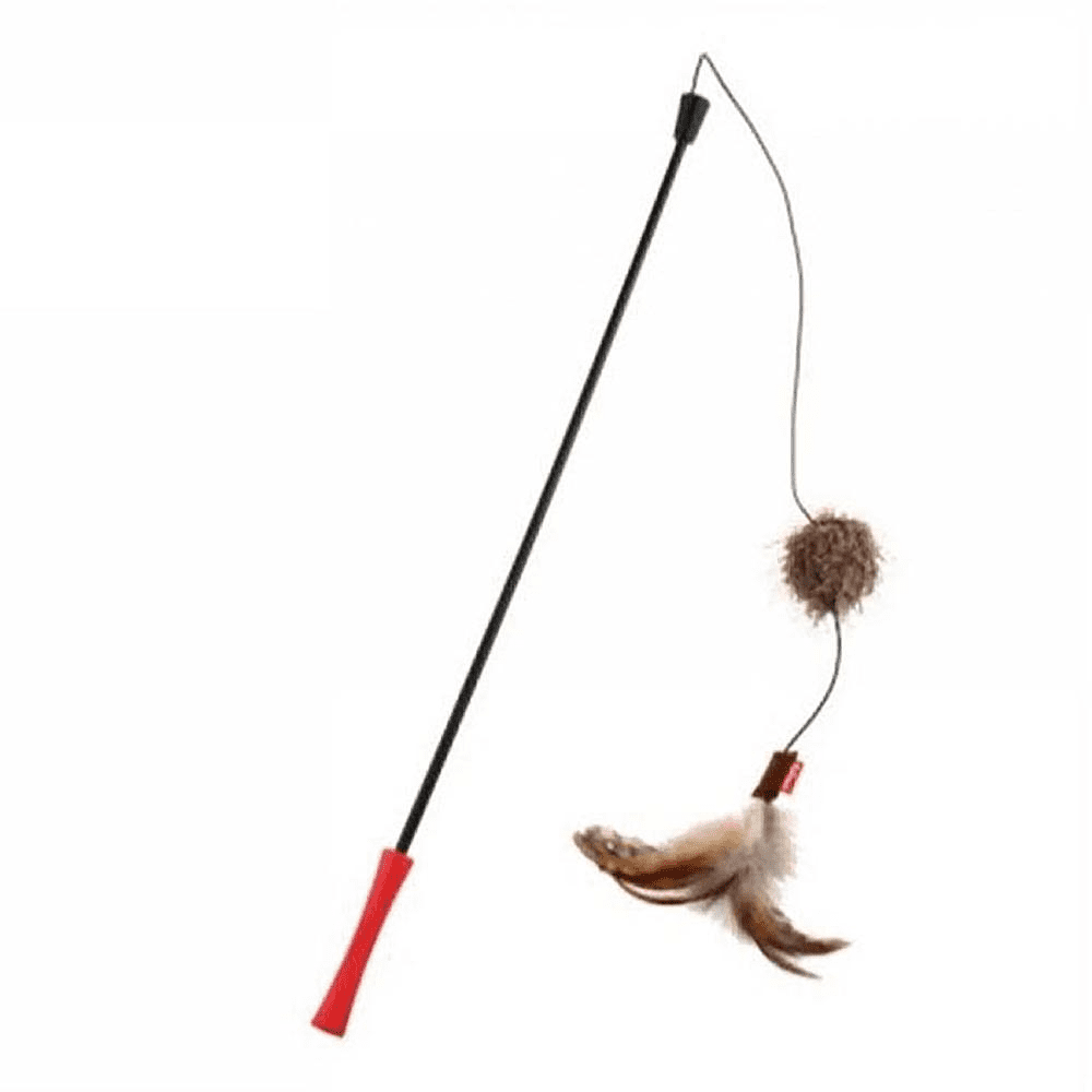 GiGwi Feather Teaser Cat wand with Natural feather Plush tail & TPR Handle for Cats (Red/Natural)