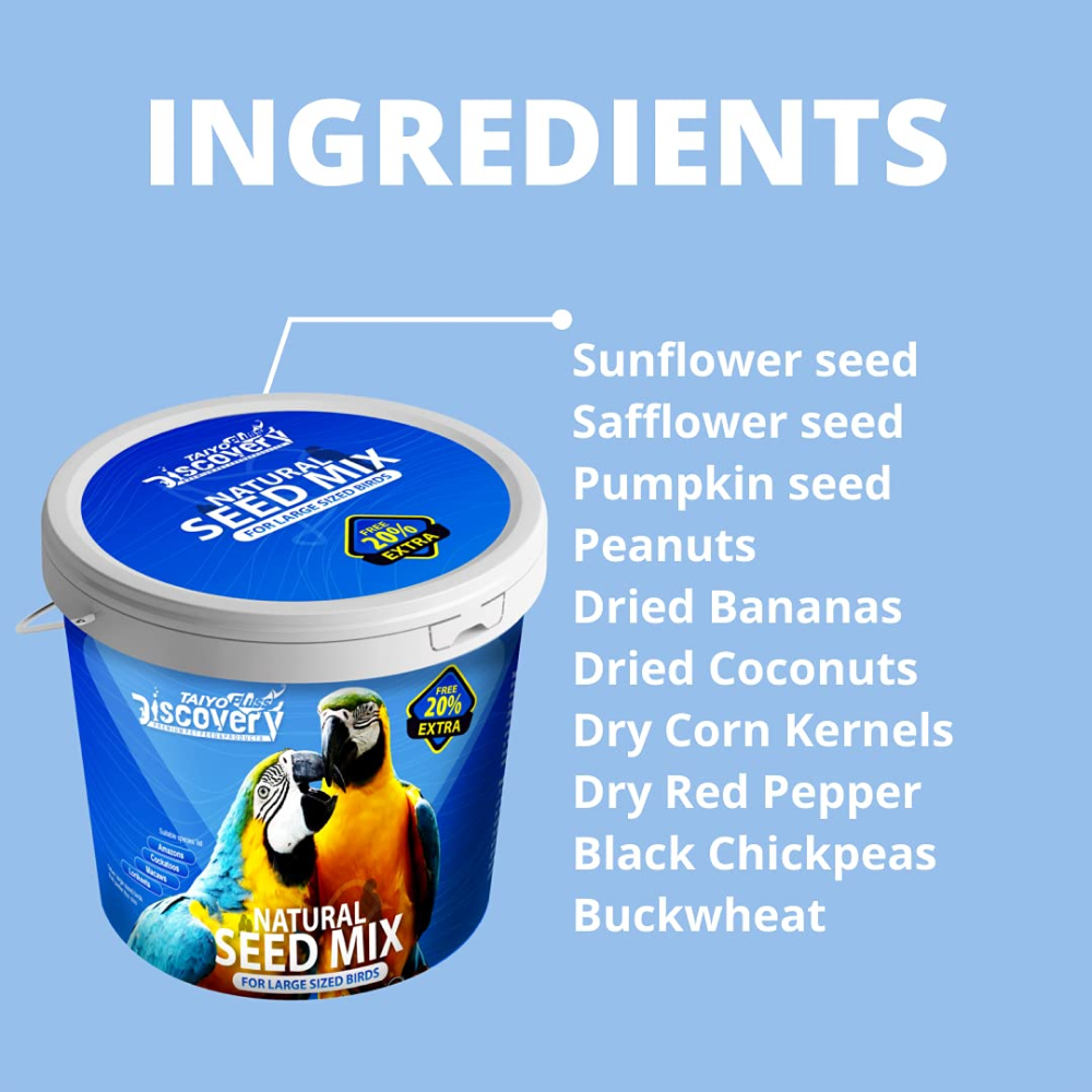 Taiyo Pluss Discovery Natural Seed Mix for African Grey Parrots Cockatoos Macaws Bird Food
