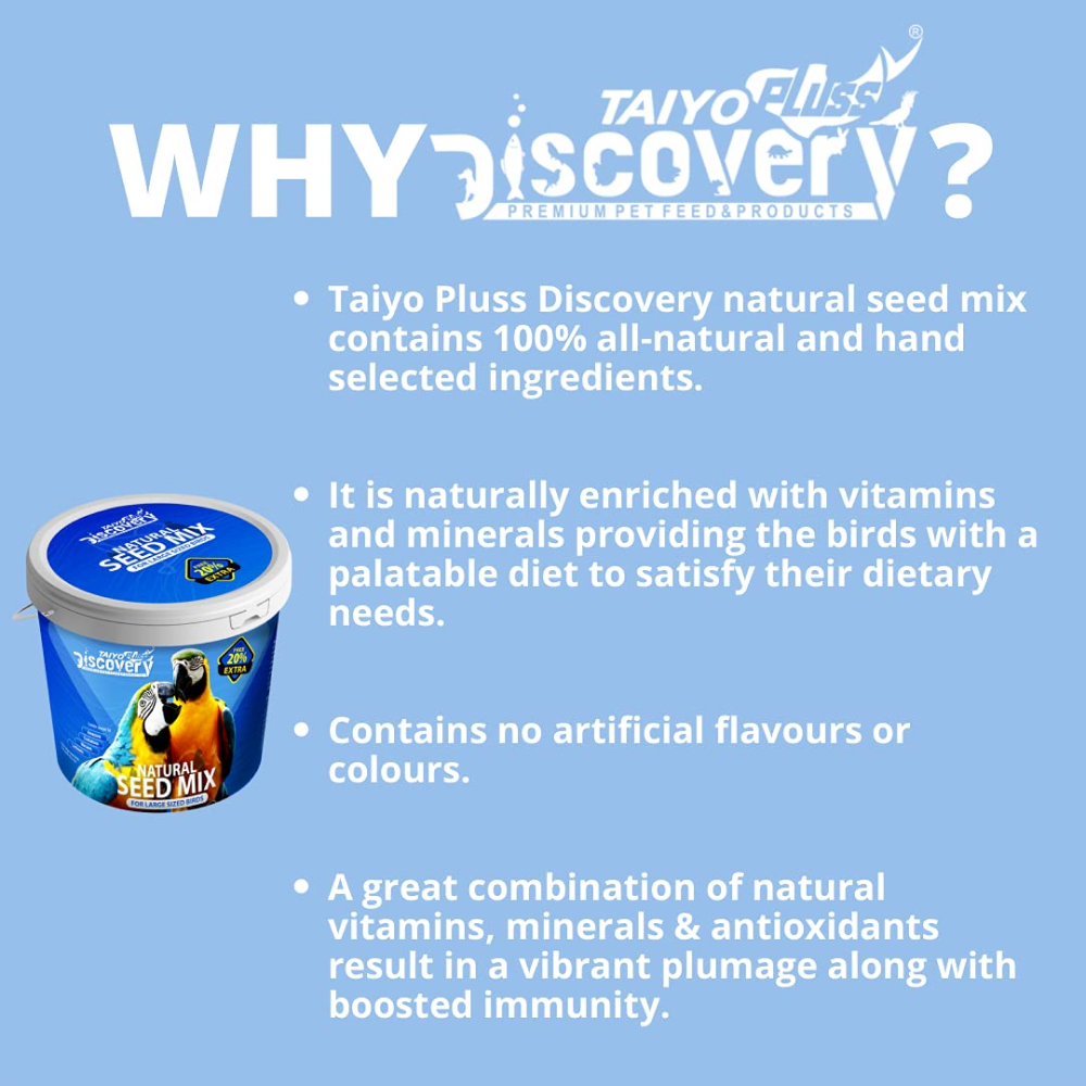 Taiyo Pluss Discovery Natural Seed Mix for African Grey Parrots Cockatoos Macaws Bird Food