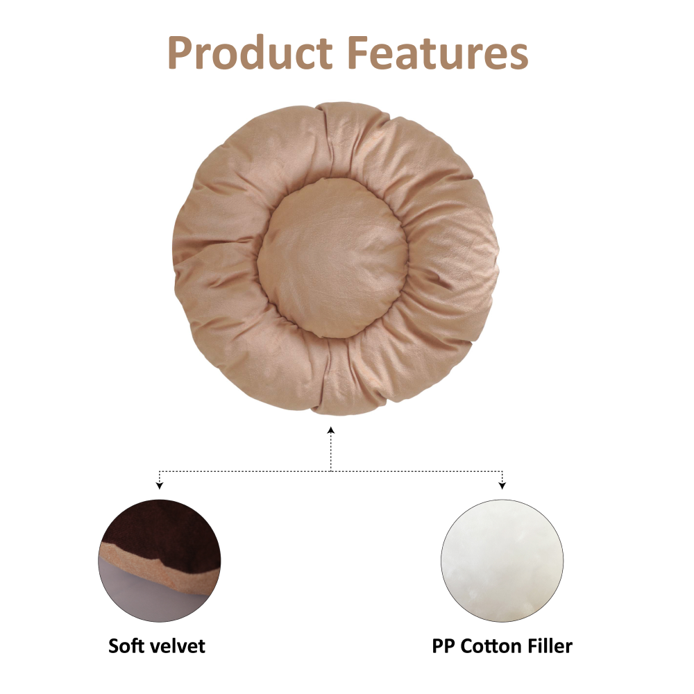 Hiputee Reversible Flat Velvet Round Shape Cushion for Pets (Brown-Cream)