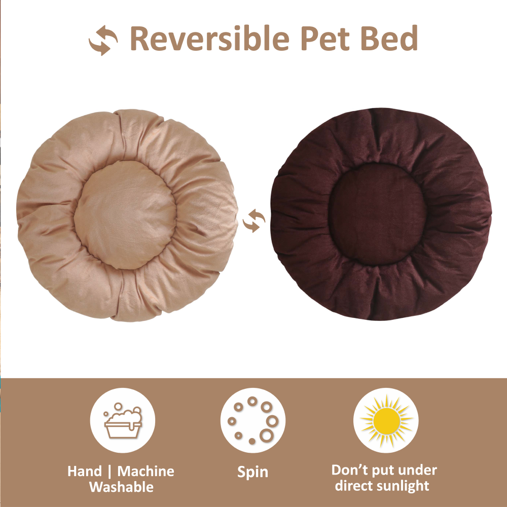 Hiputee Reversible Flat Velvet Round Shape Cushion for Pets (Brown-Cream)