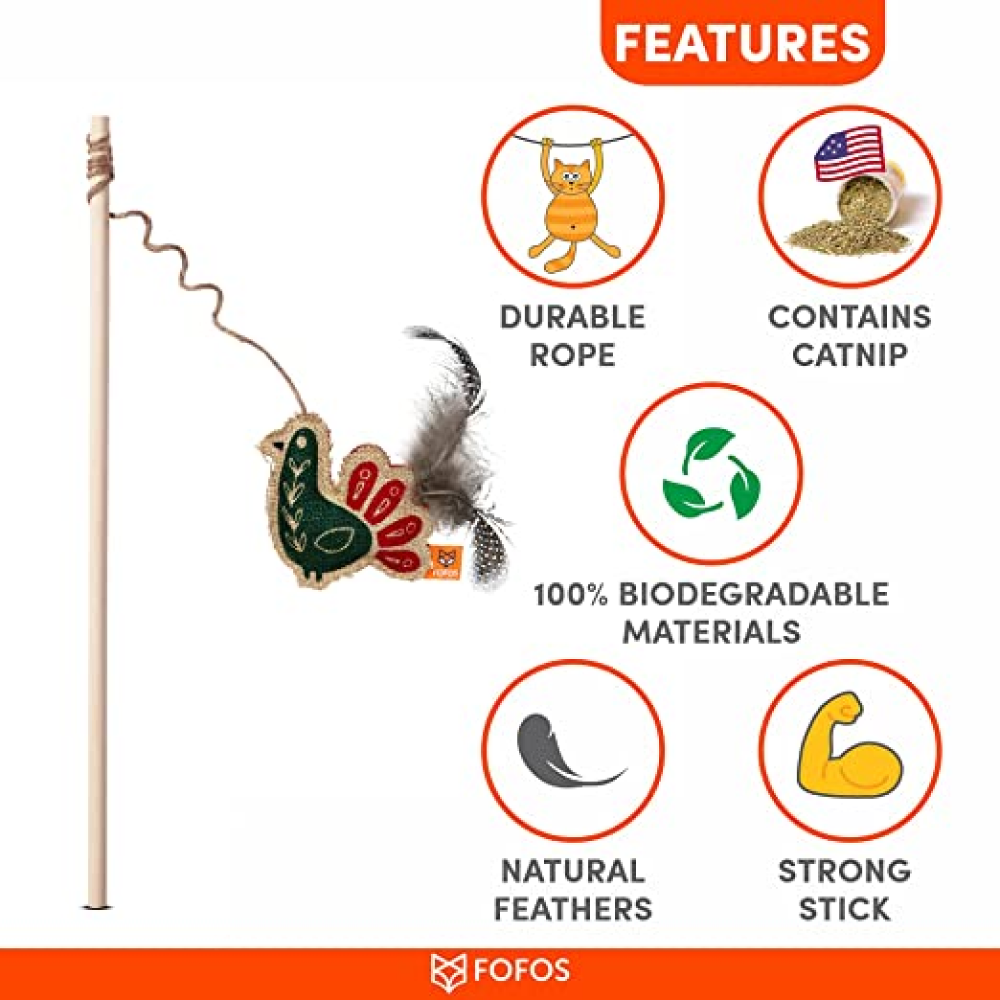Fofos Scandi Peacock with Wooden Stick Toy for Cats