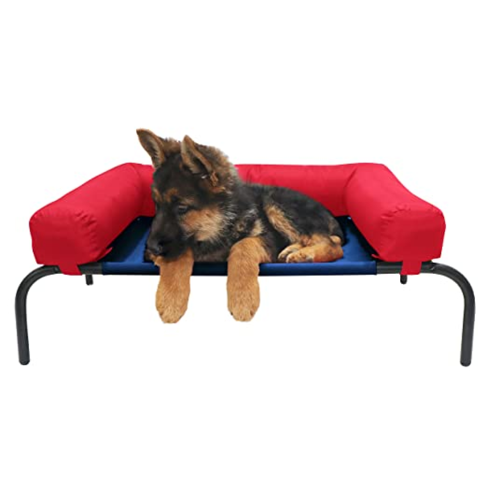 Hiputee Canvas Elevated Bed with Detachable Bolster Cushion for Pets (Blue/Red)