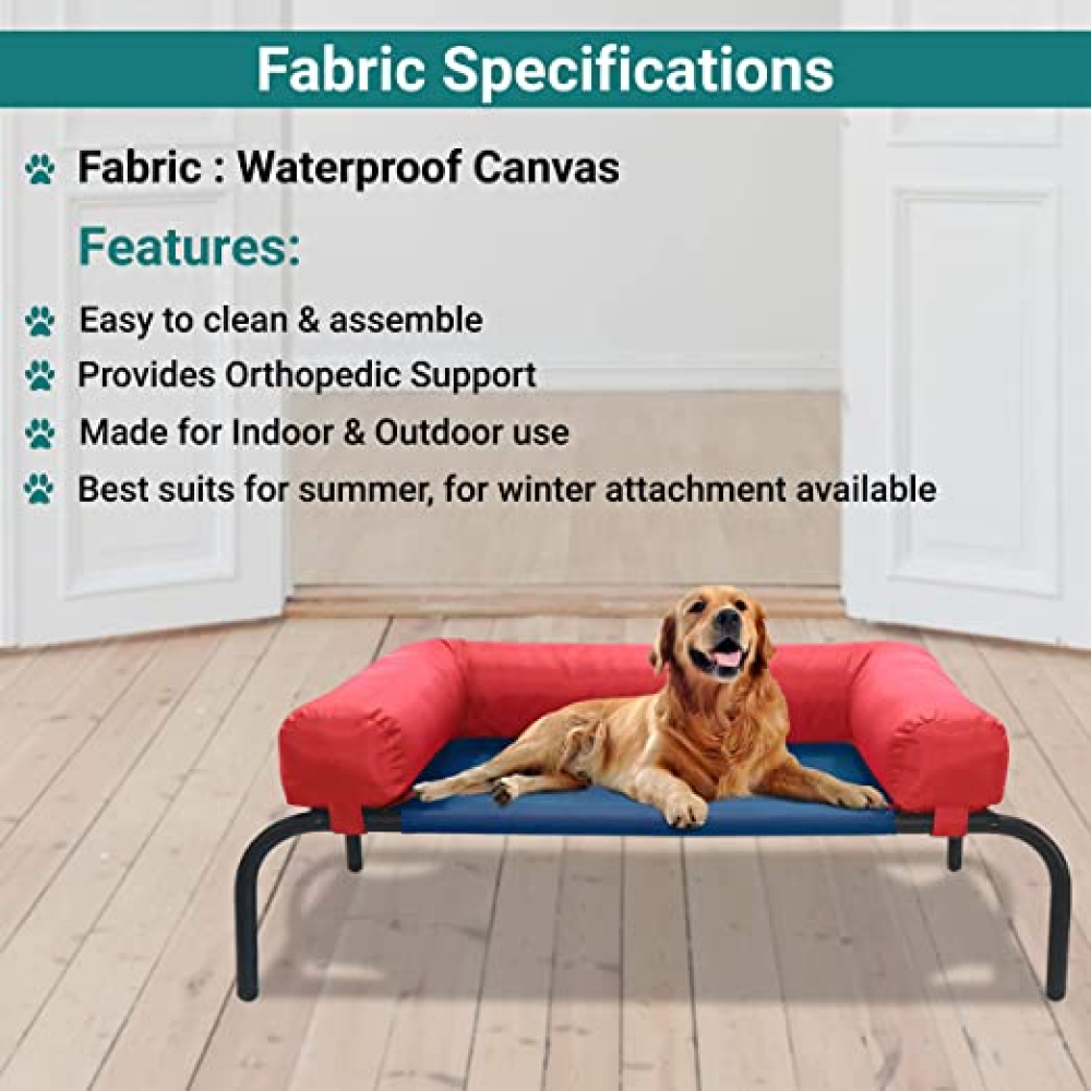 Hiputee Canvas Elevated Bed with Detachable Bolster Cushion for Pets (Blue/Red)