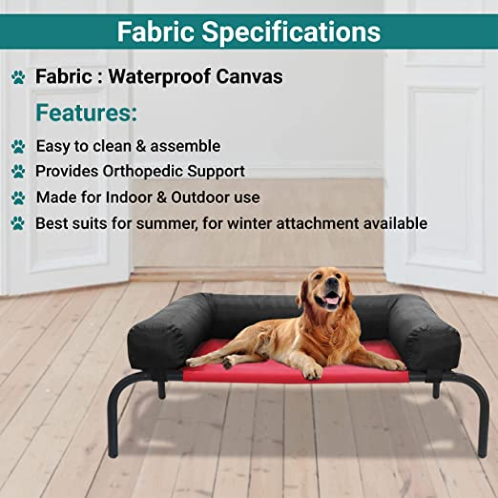 Hiputee Canvas Elevated Bed with Detachable Bolster Cushion for Pets (Red/Black)