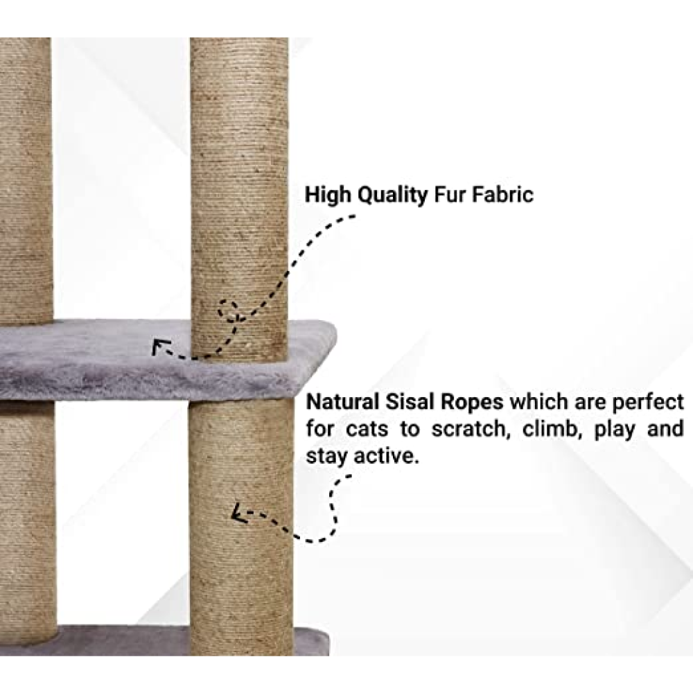 Hiputee Soft Fur Three Floor Tower Scratching Post with Hanging Ball Natural Sisal Rope for Cats