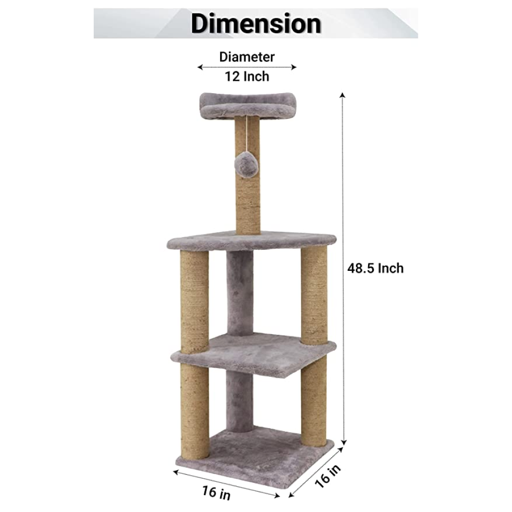 Hiputee Soft Fur Three Floor Tower Scratching Post with Hanging Ball Natural Sisal Rope for Cats
