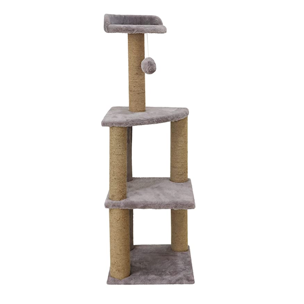 Hiputee Soft Fur Three Floor Tower Scratching Post with Hanging Ball Natural Sisal Rope for Cats