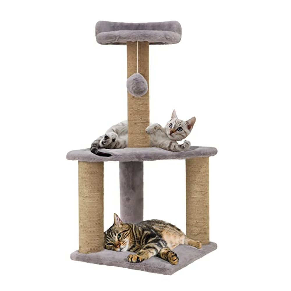 Hiputee Soft Fur Scratching Post Natural Sisal Rope Two Floor Tower Hanging Ball Toy for Cats
