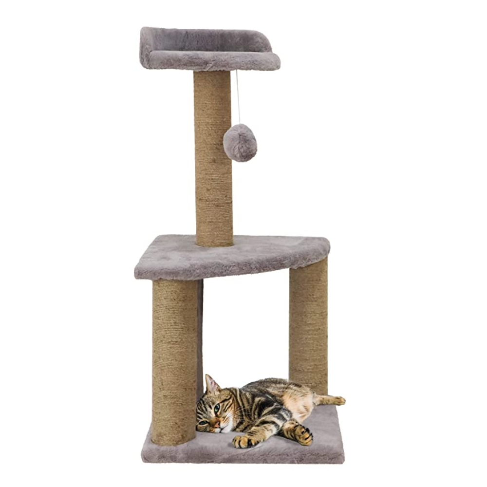 Hiputee Soft Fur Scratching Post Natural Sisal Rope Two Floor Tower Hanging Ball Toy for Cats