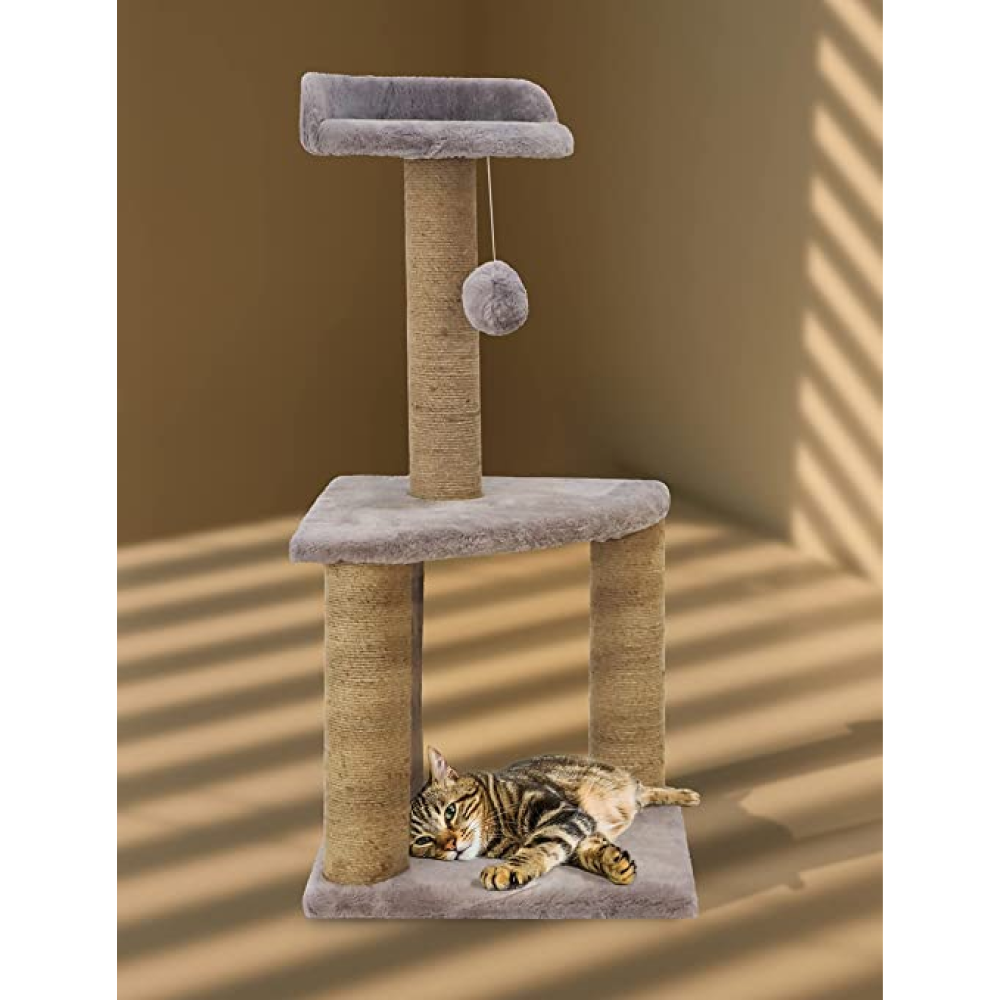 Hiputee Soft Fur Scratching Post Natural Sisal Rope Two Floor Tower Hanging Ball Toy for Cats