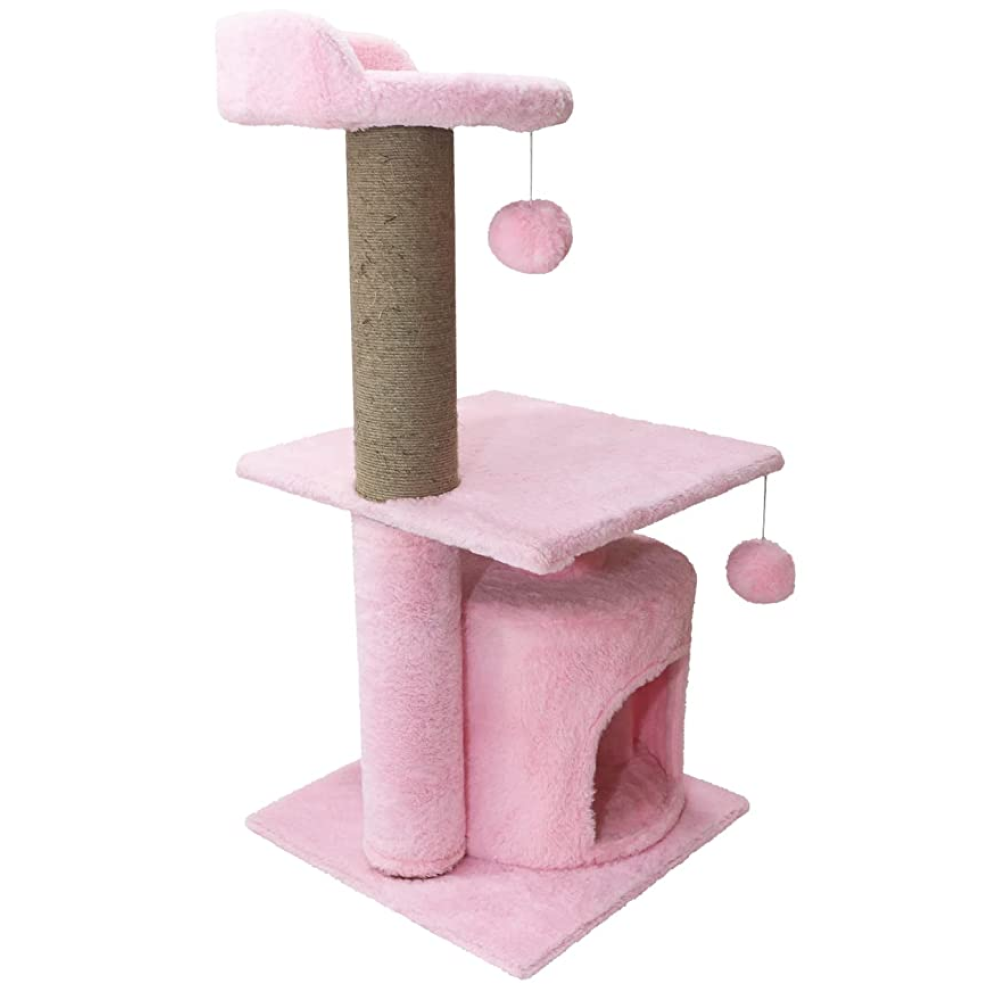 Hiputee Soft Fur Scratching Post Natural Sisal Rope Two Floor Tower for Cats (Pink)