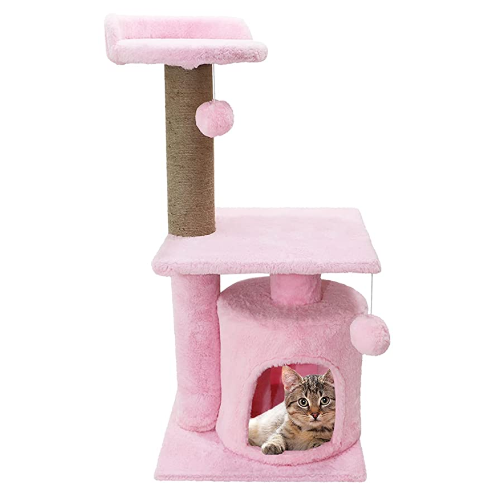 Hiputee Soft Fur Scratching Post Natural Sisal Rope Two Floor Tower for Cats (Pink)