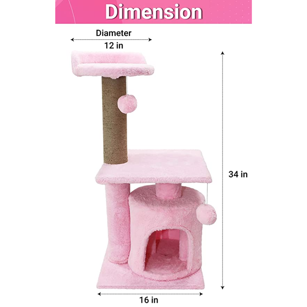 Hiputee Soft Fur Scratching Post Natural Sisal Rope Two Floor Tower for Cats (Pink)
